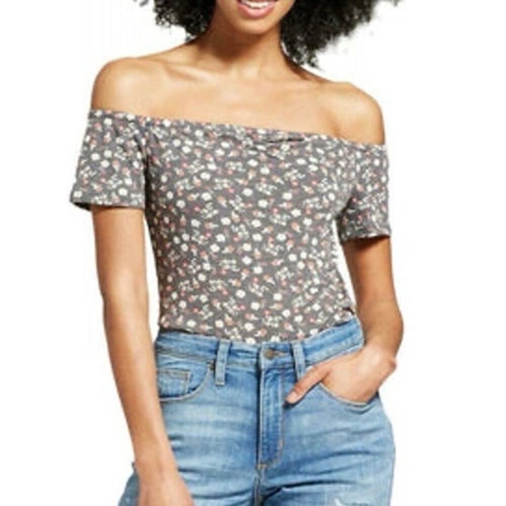 Mossimo Olive Gray Dainty Floral Print Ribbed Crop Top Size Small